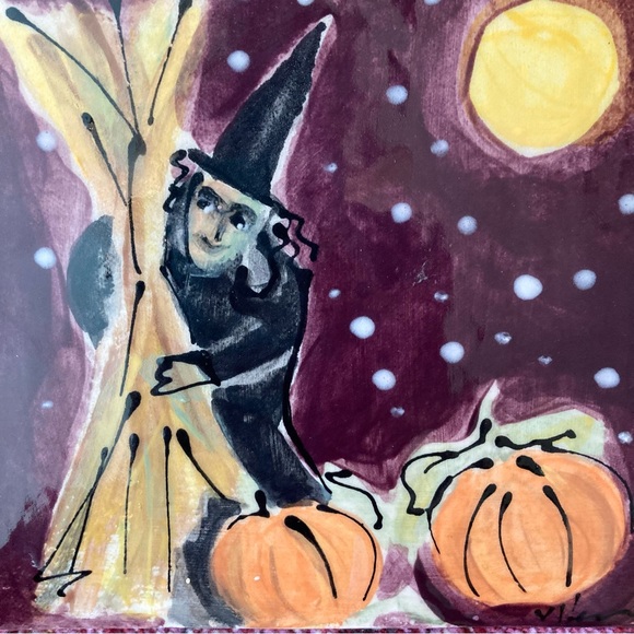 Handmade Ceramic Tile 6.5”x6” A Witch in Cornfield Original OOAK Halloween Theme - Picture 1 of 11